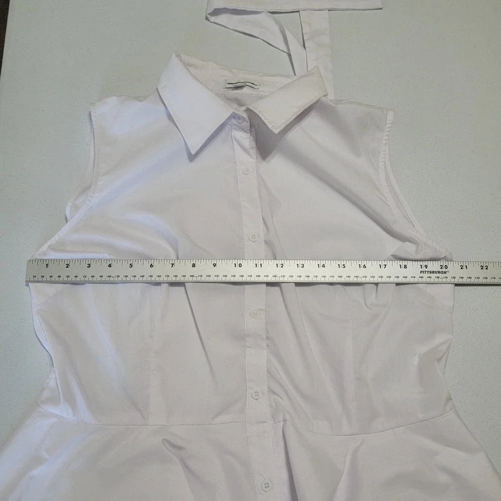 New York & Co Sleeveless Blouse XL White Bow Tie Neck Tiered Ruffle Peplum Hem - Picture 5 of 8